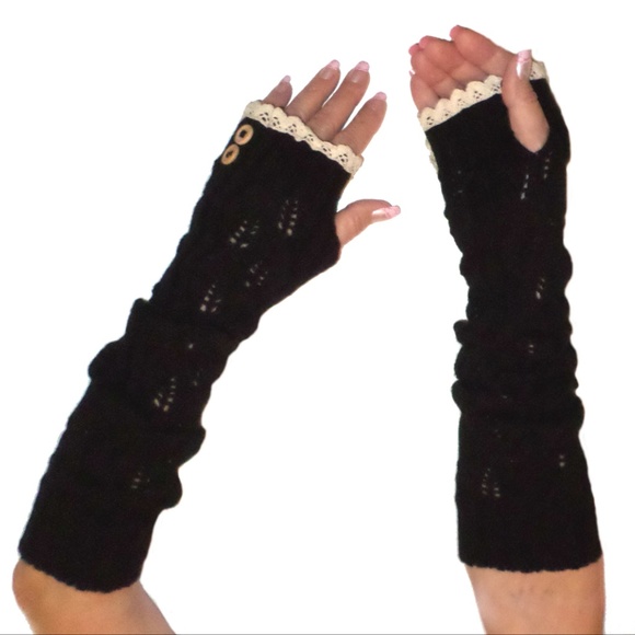 Button Lace Knit Fingerless Gloves Arm Warmers - Picture 5 of 6